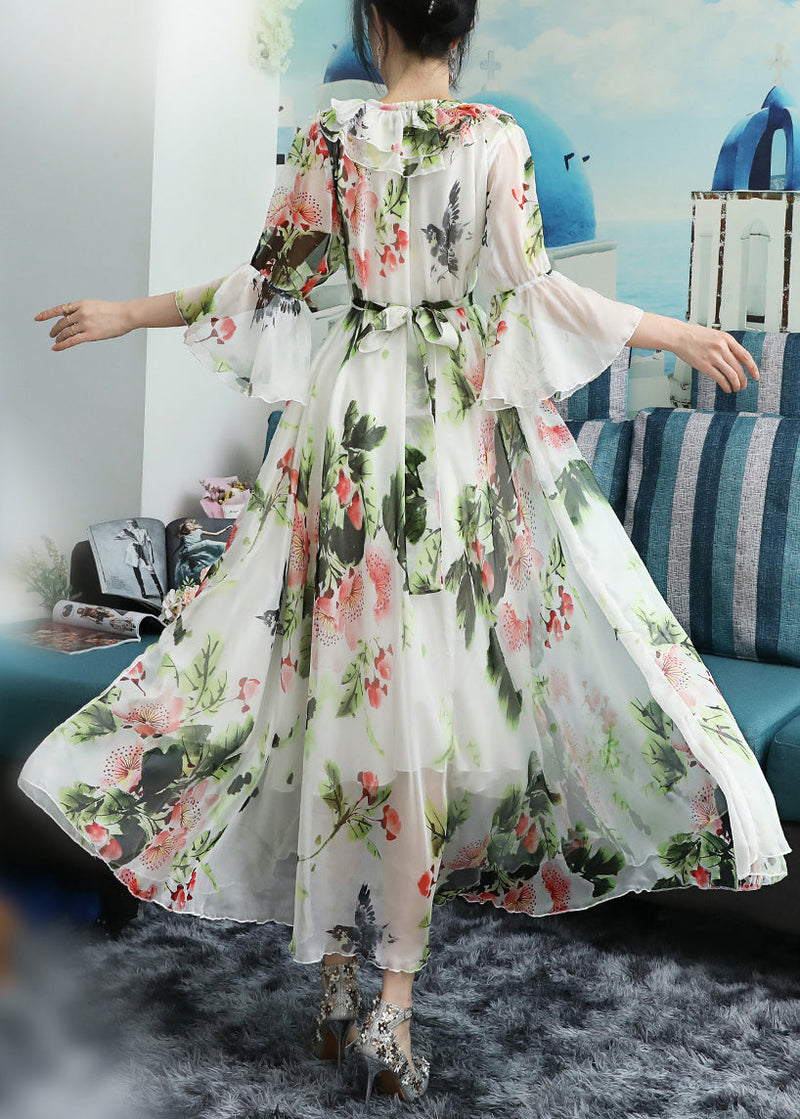 White O-neck Bow Print Ruffled Chiffon Long Beach Dresses Long Sleeve