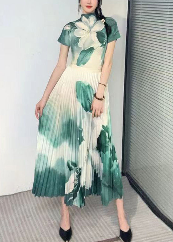 Italian Green Turtleneck Print Top and Skirts Two Piece Set Short Sleeve