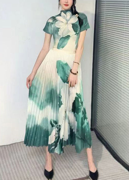 Italian Green Turtleneck Print Top and Skirts Two Piece Set Short Sleeve