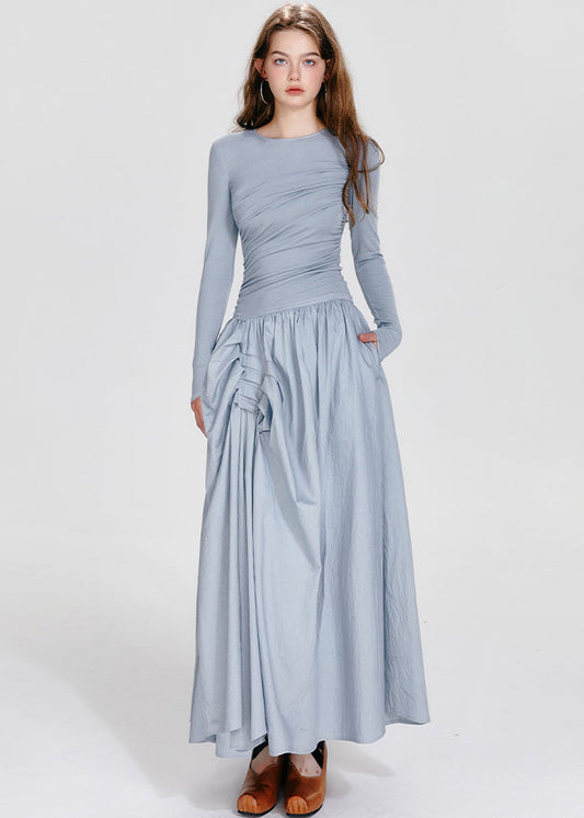 French Blue O-neck Asymmetrical Wrinkled Maxi Dresses Fall