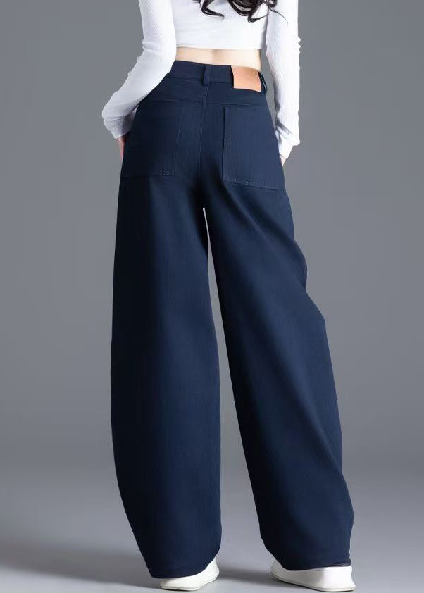Navy Button Pockets Denim Wide Leg Pants High Waist