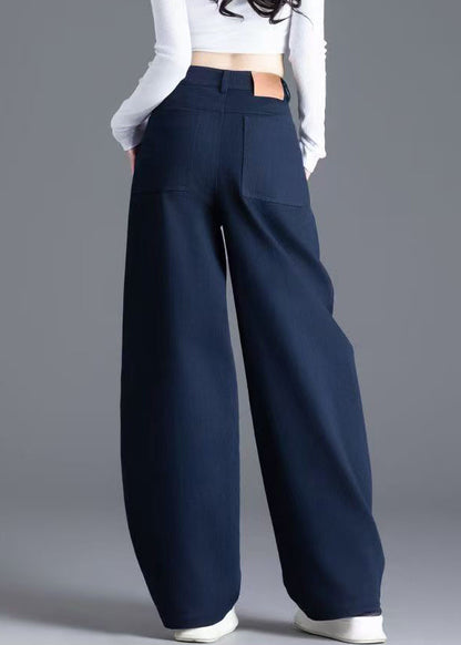 Navy Button Pockets Denim Wide Leg Pants High Waist