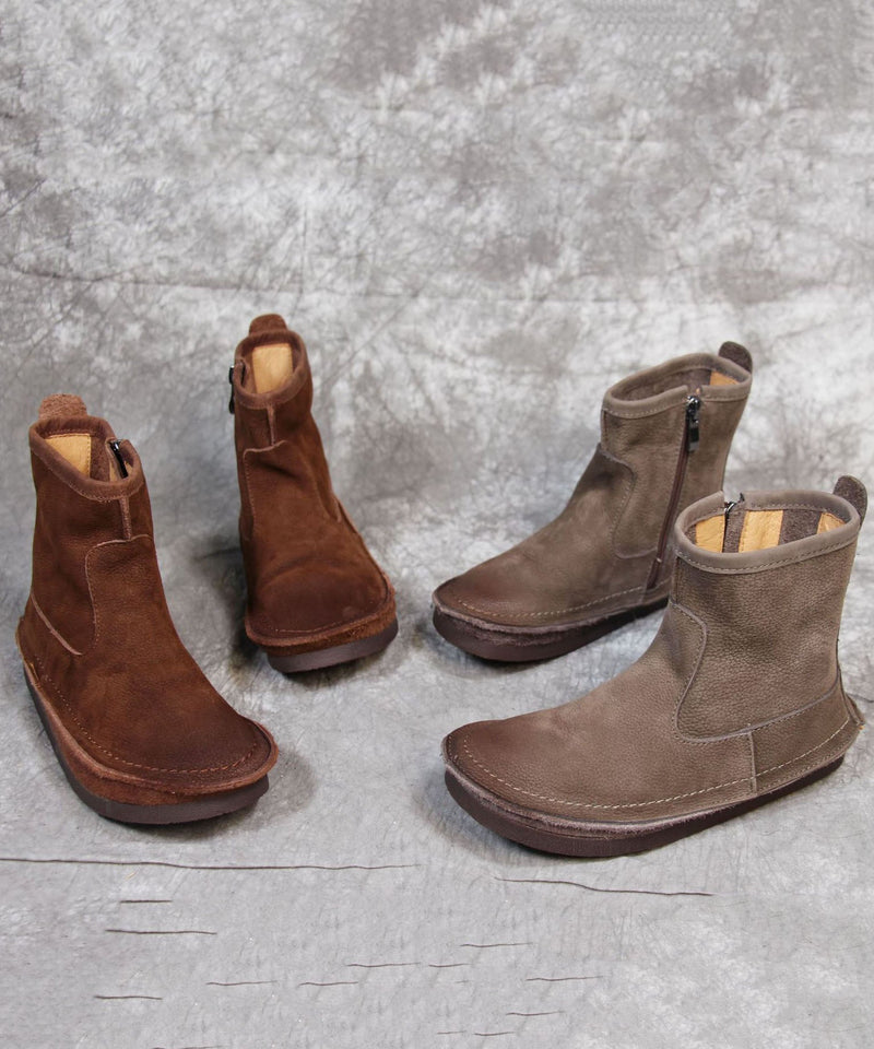Soft Grey Zippered Boots Cowhide Leather Cross Strap Boots