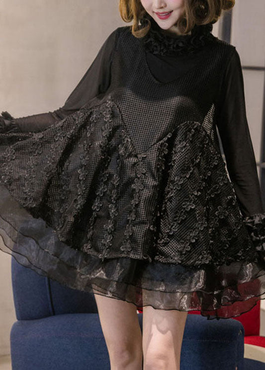 Diy Black Turtle Neck Organza Lace Vacation Dress Spring