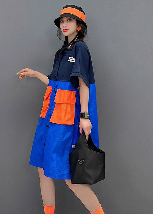 Peter Pan Collar Patchwork Button Pockets Side Open Shirt Short Sleeve