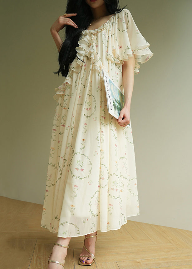 U Neck Ruffled Print Chiffon Long Dress Summer
