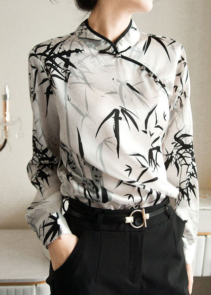 White Mandarin Collar Print Chiffon Shirt Top Spring