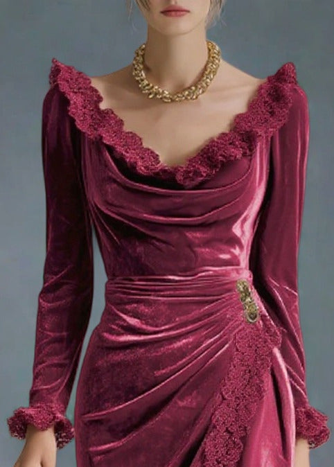 Mulberry V Neck Lace Patchwork Silk Velvet Party Dress Spring