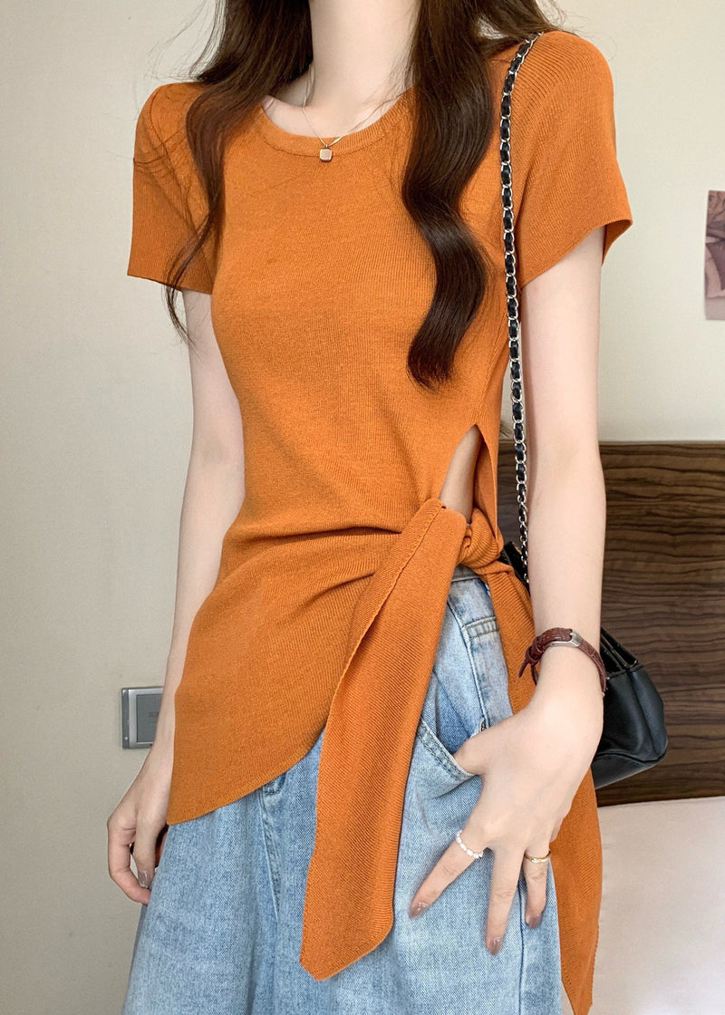 Slim Fit Yellow O-neck Asymmetrical Hollow Out Bow Top Summer