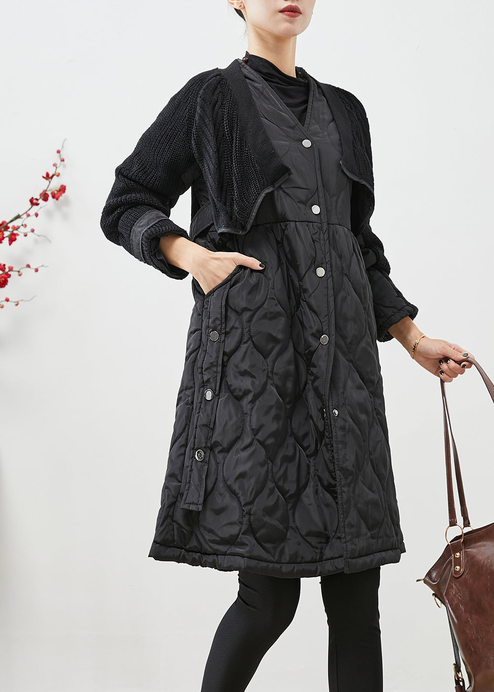 Black V Neck Knit Patchwork Fine Cotton Filled Witner Coats