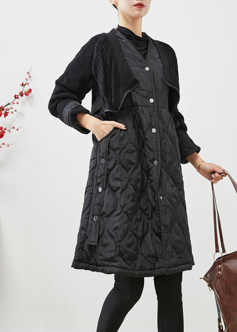Black V Neck Knit Patchwork Fine Cotton Filled Witner Coats