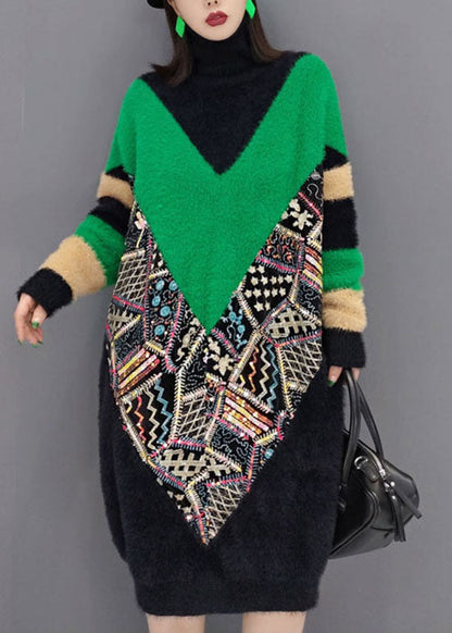 Classy Black Turtle Neck Print Thick Mink Velvet Dresses Spring