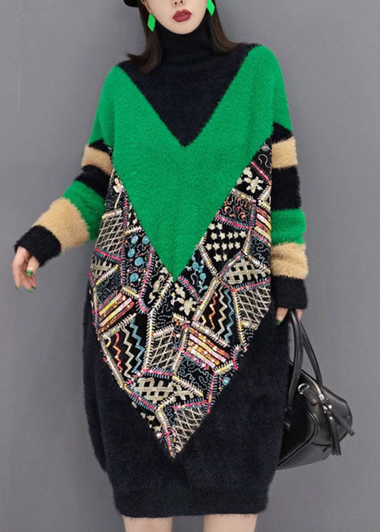 Classy Black Turtle Neck Print Thick Mink Velvet Dresses Spring