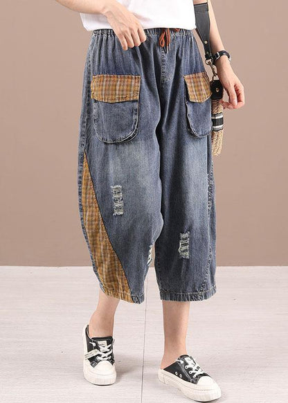 Blue High Waist Pockets Summer Denim Pants