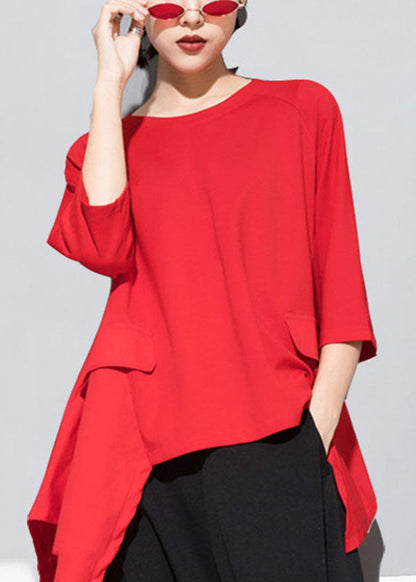 Fitted Red O-neck Patchwork Asymmetrical Design Fall Half Sleeve Top