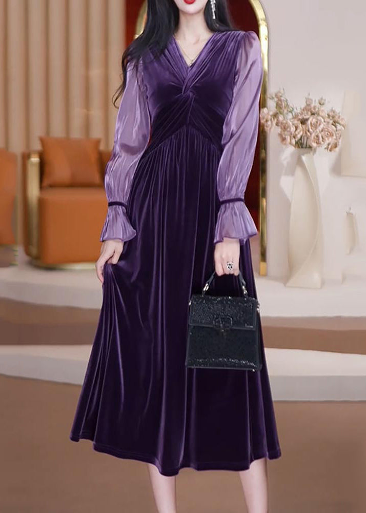Purple V Neck Patchwork Wrinkled Silk Velour Long Dresses Long Sleeve