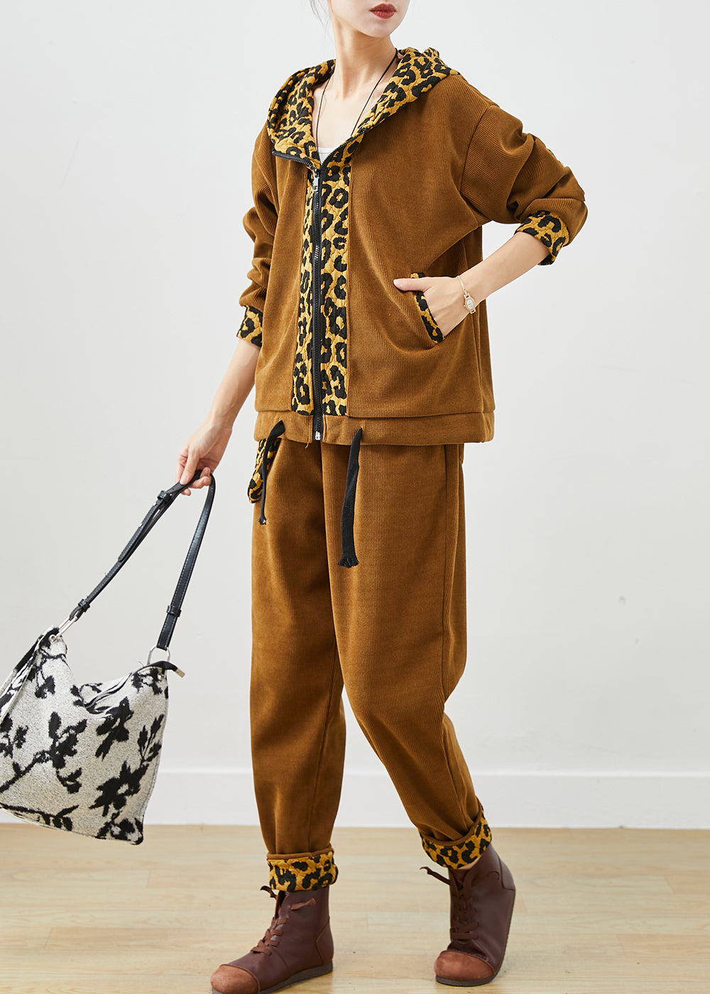 Diy Khaki Leopard Patchwork Drawstring Warm Fleece Two Pieces Set Winter