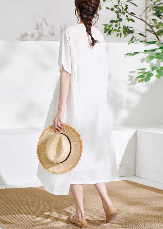 Comfy White Tie Waist Patchwork Summer Ramie Vacation Dresses Half Sleeve