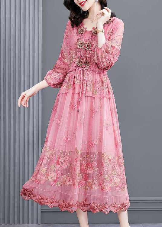 Italian Pink Embroideried Silk Cinched Dresses Bracelet Sleeve