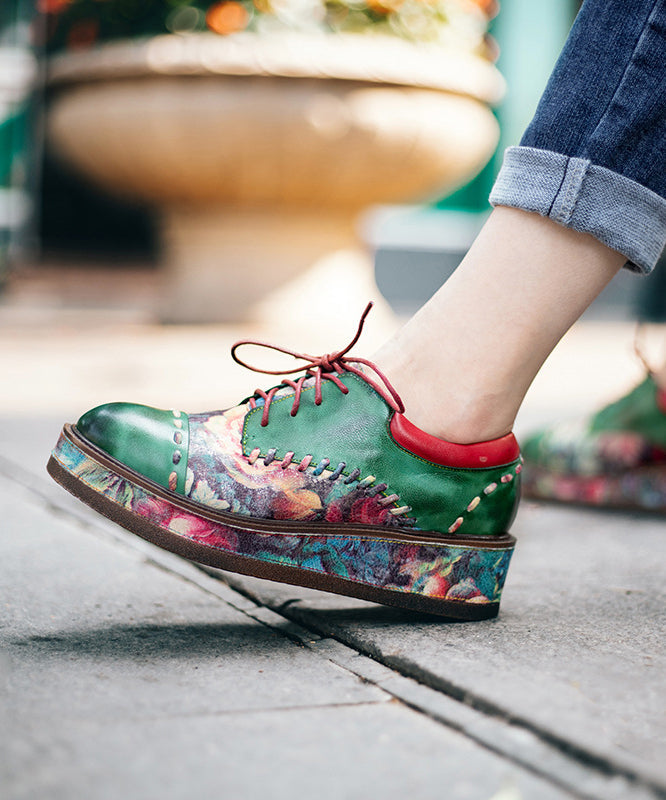 Green Sheepskin Lace Up Embossed Platform Shoes