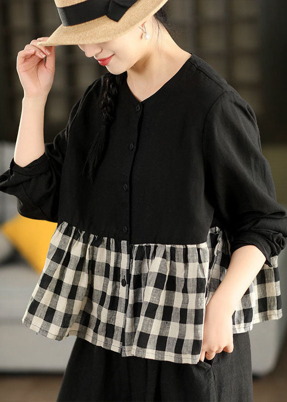 Navy O Neck Plaid Patchwork Linen Top Long Sleeve