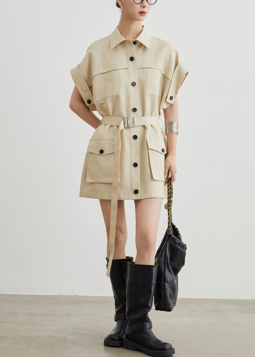 Khaki Peter Pan Collar Pockets Sashes Cotton T Shirts Dresses Summer
