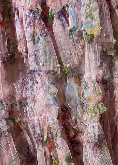 Pink Asymmetrical Print Nail Bead Tulle a Line Skirt Spring