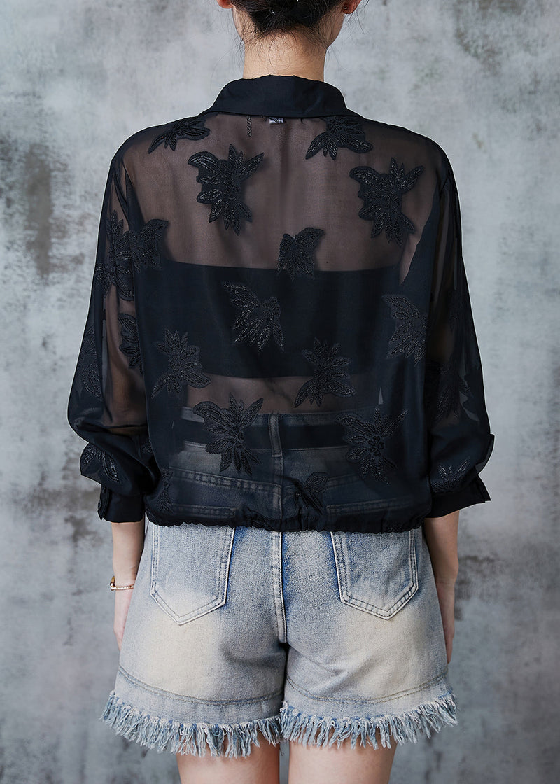 Black Tulle Upf 50+ Coat Jacket Embroidered Drawstring Summer