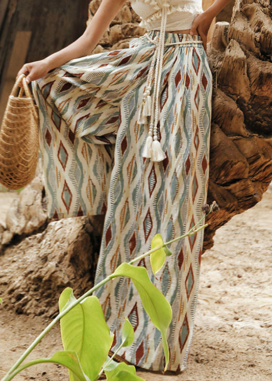 Colorblock Elastic Waist Plaid Sashe Wide Leg Pants