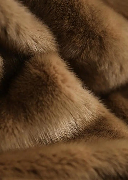 Beige V Neck Mink Hair Coats Long Sleeve
