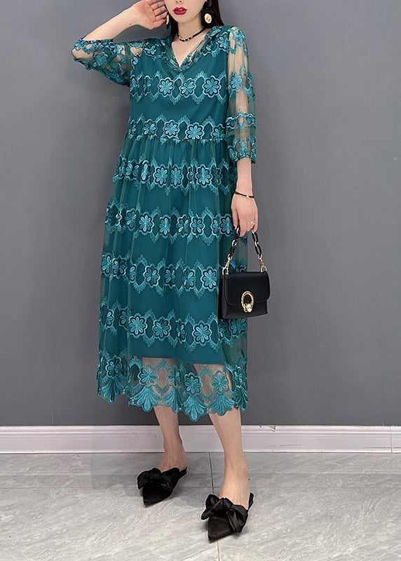 Blue V Neck Tulle Patchwork Hooded Dress Three Quarter Sleeve