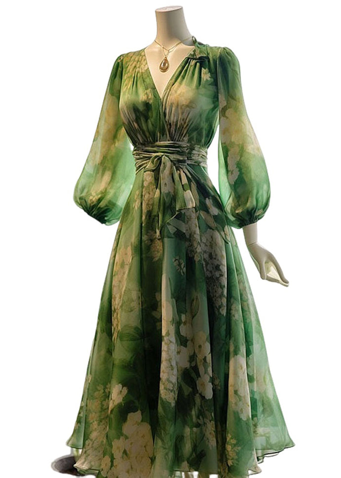 French Green V Neck Print High Waist Chiffon Dresses Long Sleeve Summer