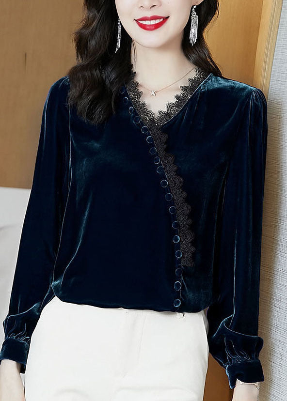 Blue Lace Patchwork Silk Velour Blouse Tops Long Sleeve