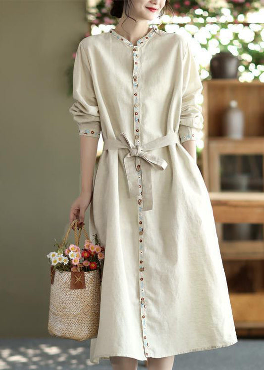 Apricot Embroideried Button Tie Waist Cotton Dress Fall