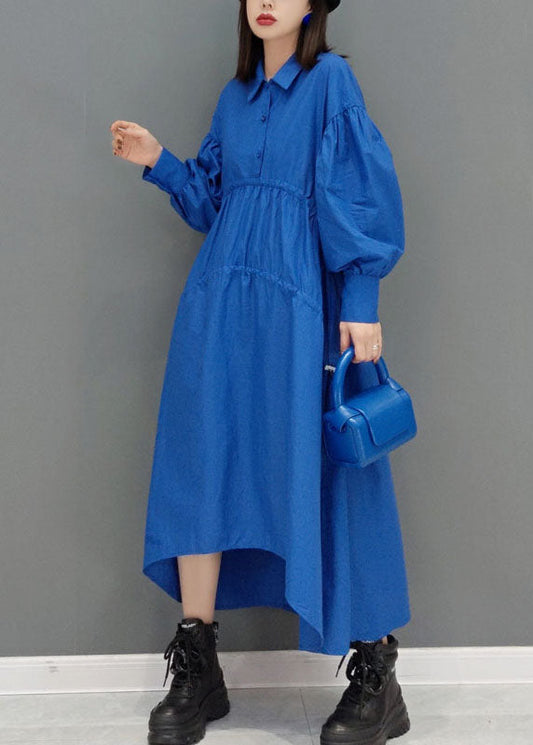 Blue Low High Design Peter Pan Collar Wrinkled Long Dress Spring