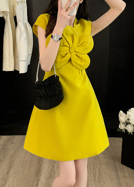 Style Yellow O Neck Decorated Cotton Dress Summer