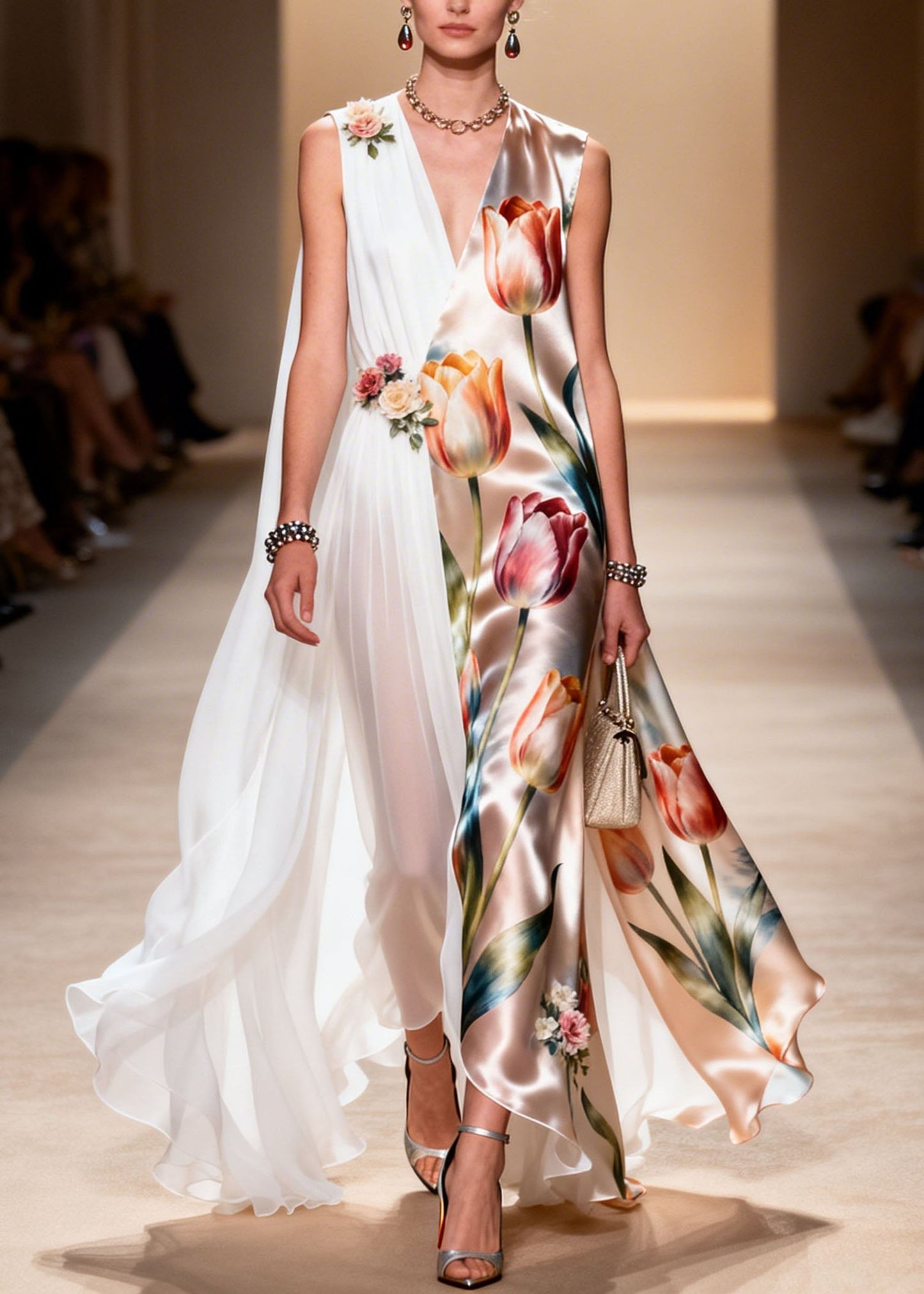 Natural V Neck Print Patchwork Chiffon Dresses Sleeveless