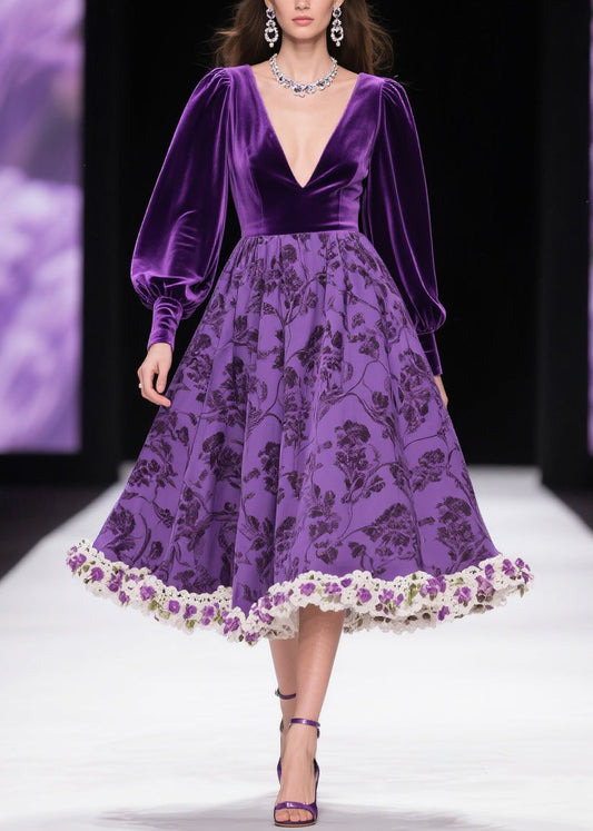 Italian Purple Print Patchwork High Waist Silk Velvet Long Dresses