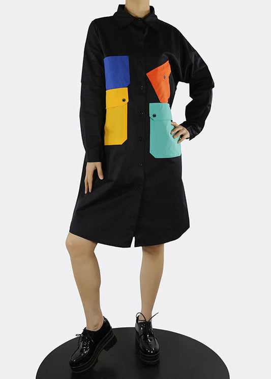 Black Patchwork Vacation Shirt Dresses Pockets Spring