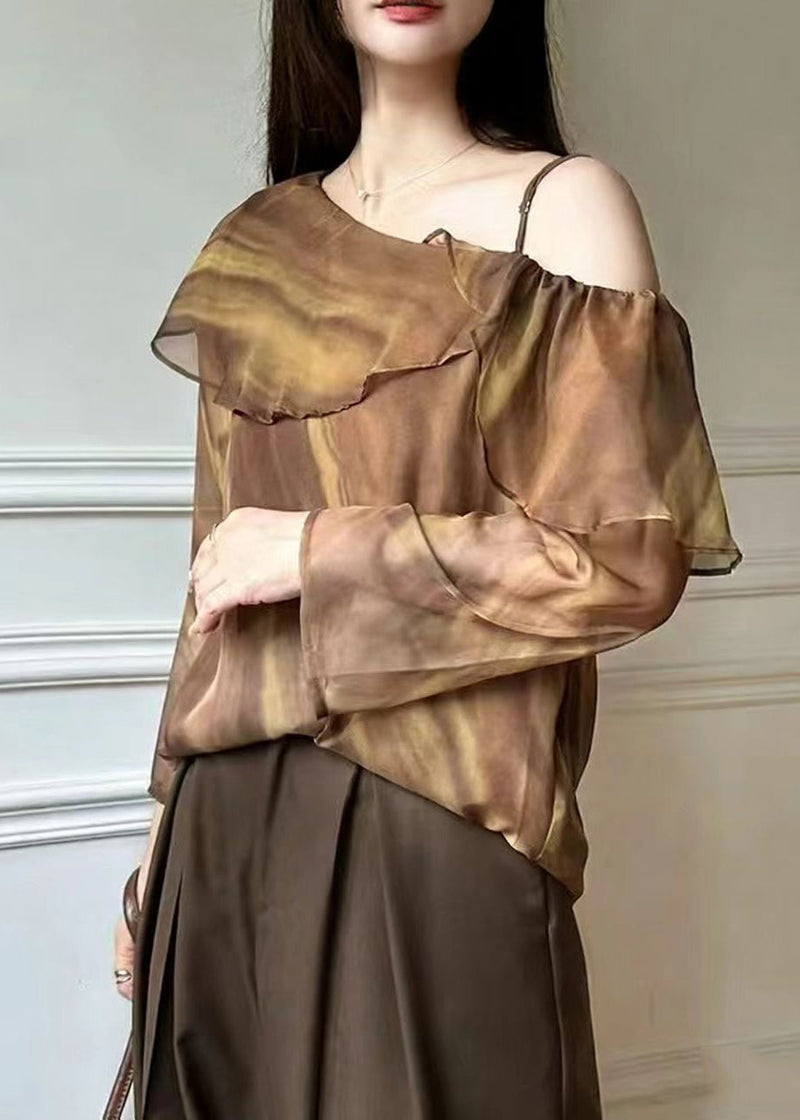 Brown One Shoulder Tie Dye Chiffon Blouse Top Spring