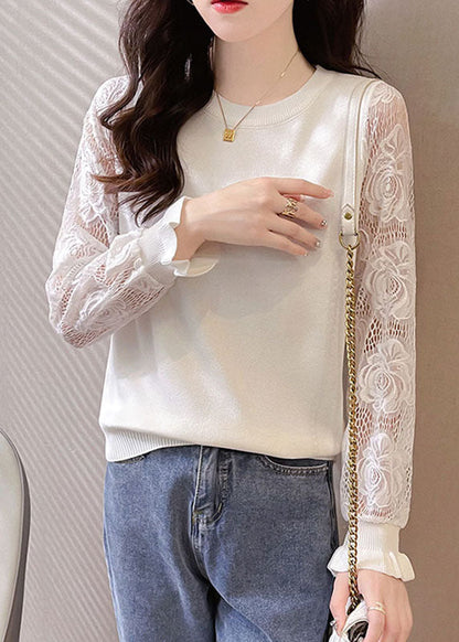 White O-neck Hollow Out Tops Long Sleeve