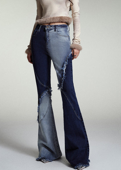 Modern Blue Asymmetrical Patchwork Pockets Flared Jeans Fall