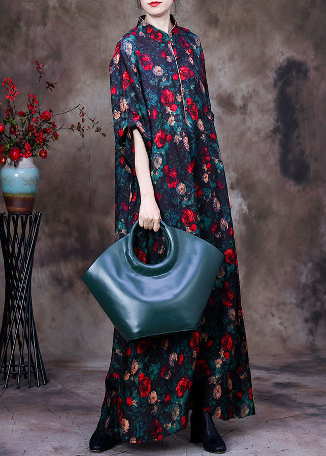 Black Stand Collar Print Side Open Silk Long Dresses Long Sleeve