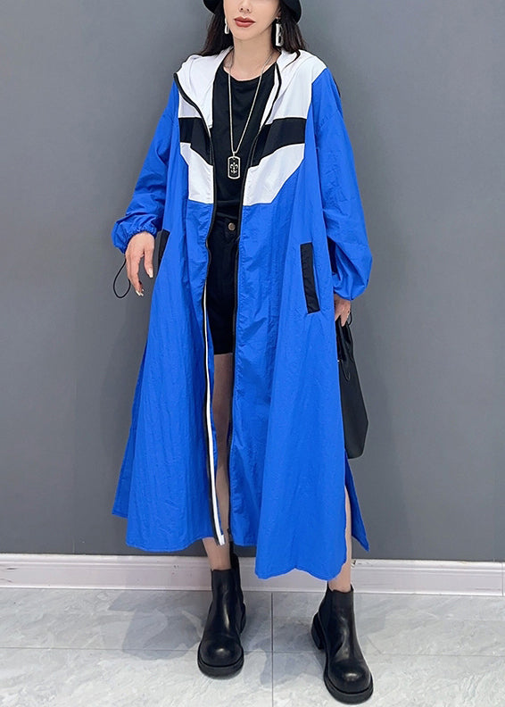 Blue Hooded Pockets Patchwork Long Coat Fall