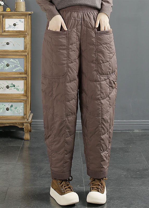 Simple Brown Pockets Warm Duck Down Pants Winter