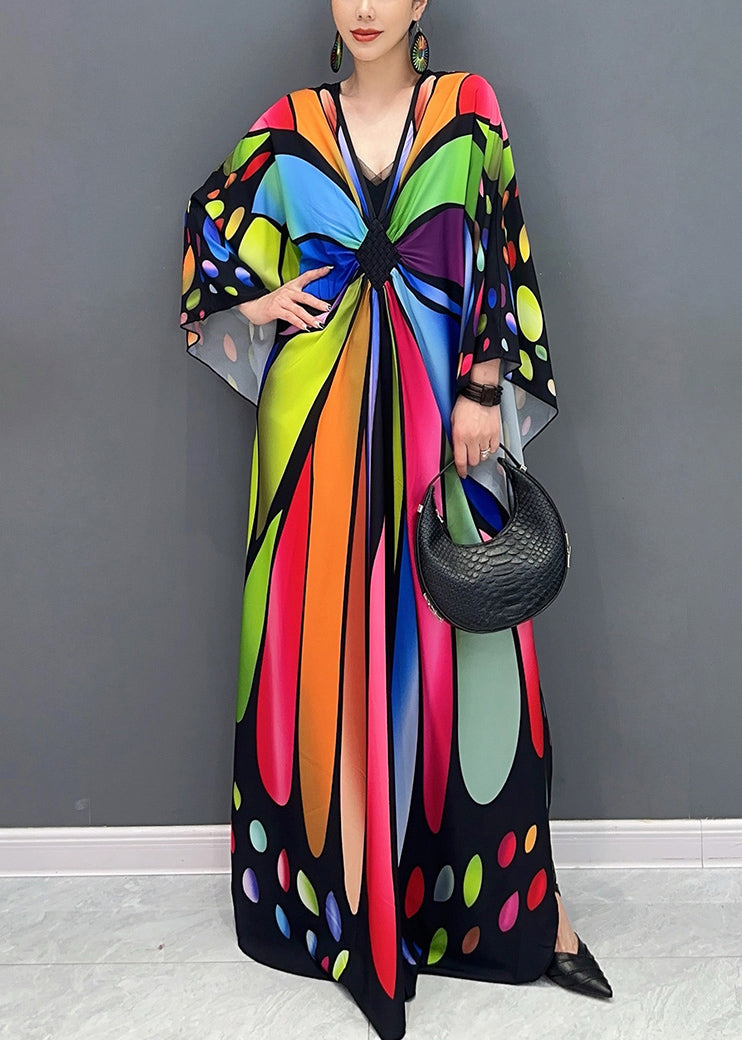 Colorblock V Neck Print Cotton Maxi Dresses Batwing Sleeve