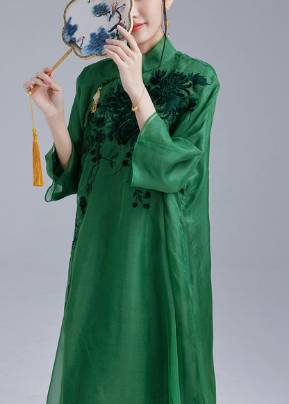 Fine Green Mandarin Collar Embroideried Tulle Silk a Line Dress Bracelet Sleeve Summer