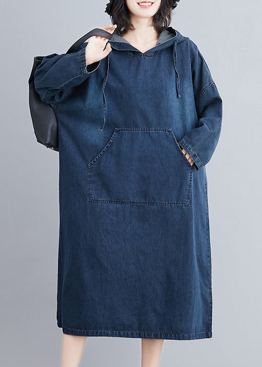 Denim Blue Hooded Pockets Denim Long Dress Spring
