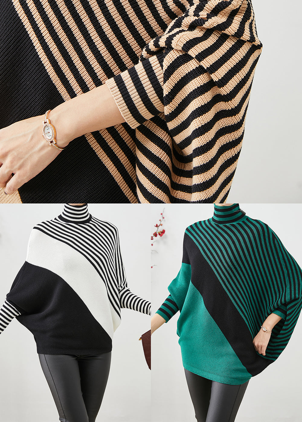 Black Oversized Striped Knit Sweater Batwing Sleeve