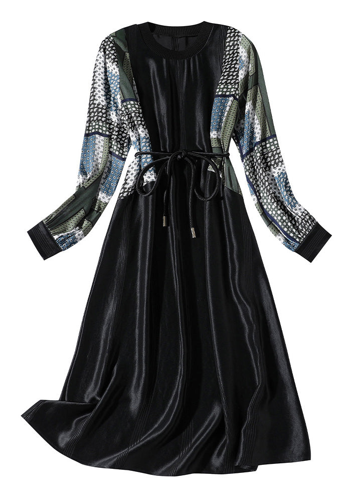 Black O-neck Print Patchwork Tie Waist Satin Vacation Long Dresses Long Sleeve